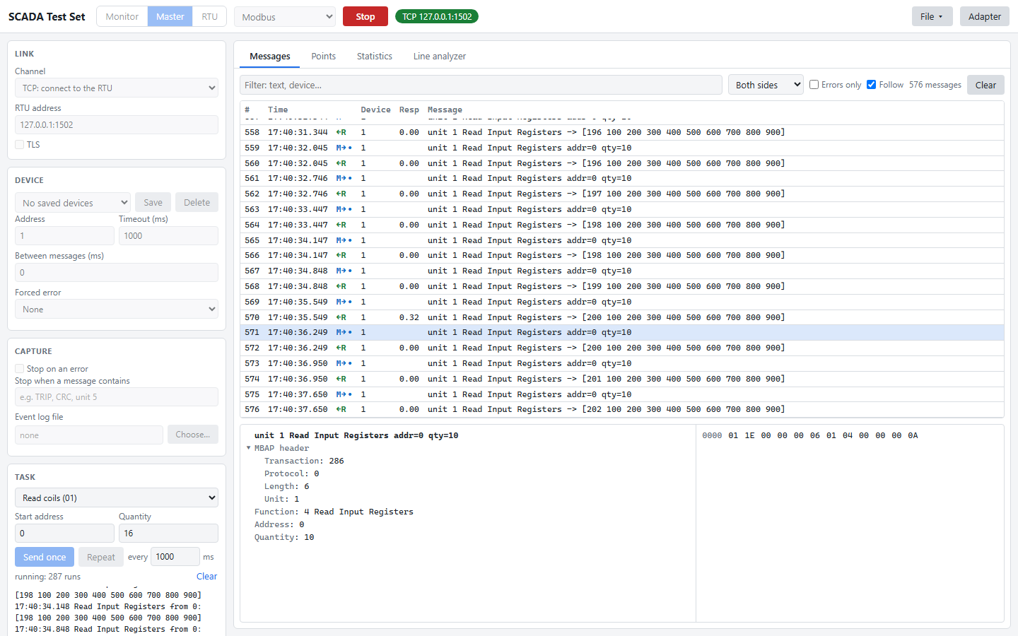 The Earwig desktop app polling a Modbus device: a list of requests and responses with response times, and one request decoded field by field beside its raw bytes.